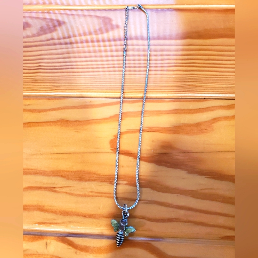 Silver Tone Chain With Yellow And Pink Bee Pendant Necklace